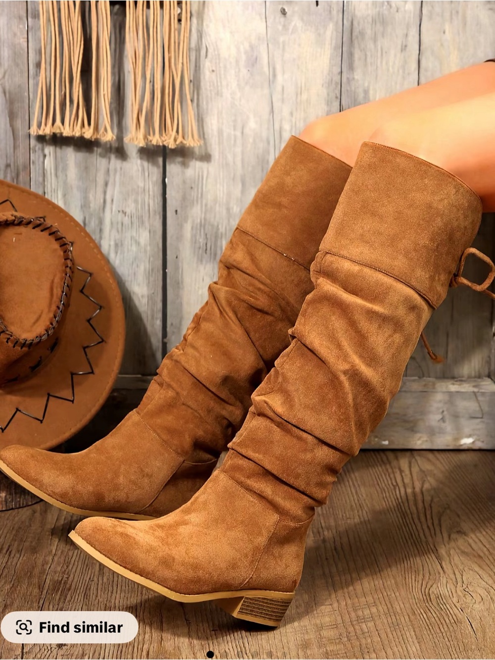 Slouchy Knee-High Heeled Boots in Cognac Suede